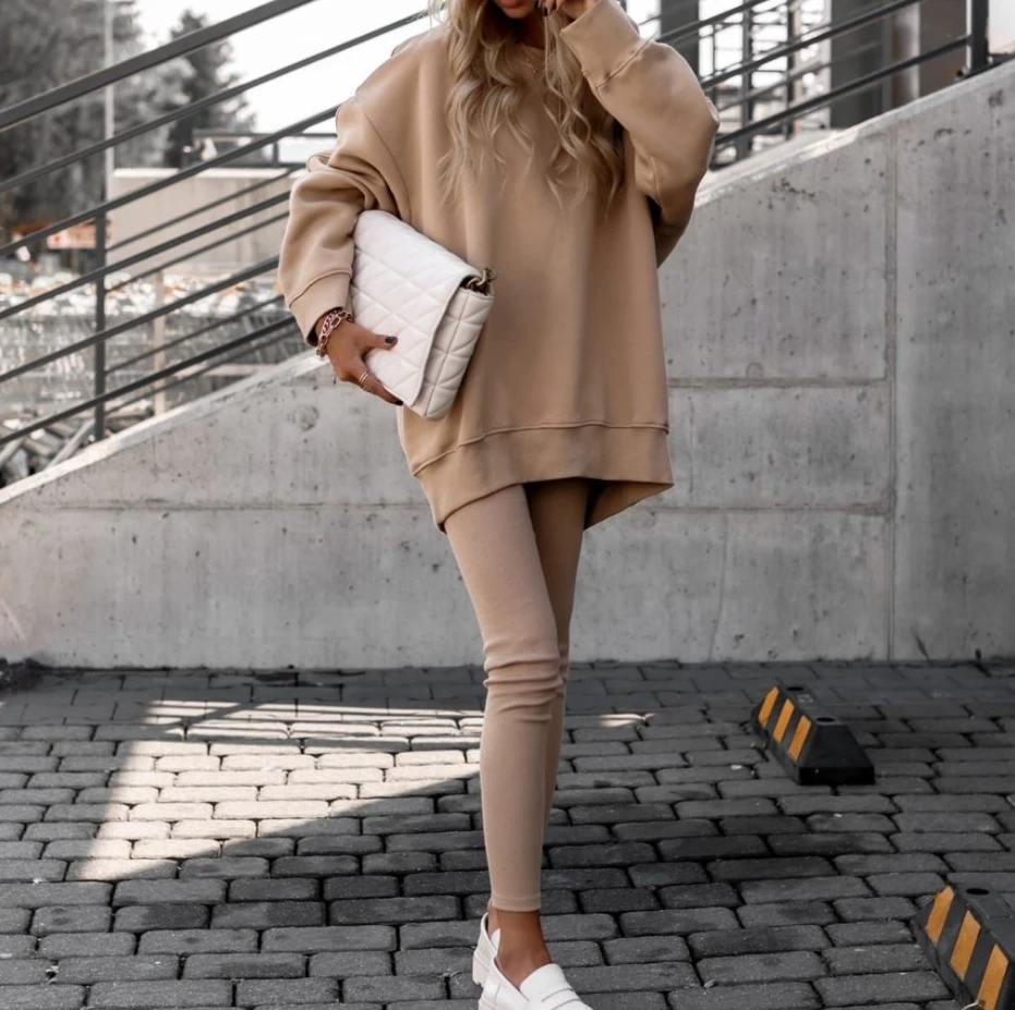 Two Piece Set Women Outfit 2023 Autumn Loose Casual Solid Color Round Neck Long Sleeve Sweatshirt & High Waist Skinny Pants Set