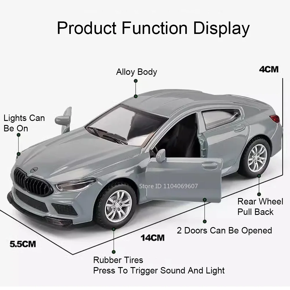 1:32 M8 320I Miniaturowy Model Samochodu Zabawka Odlew Stopowy Dźwięk Światło Otwierane Drzwi Napęd Pull Back Gumowe Opony Prezent dla Dzieci na Boże Narodzenie