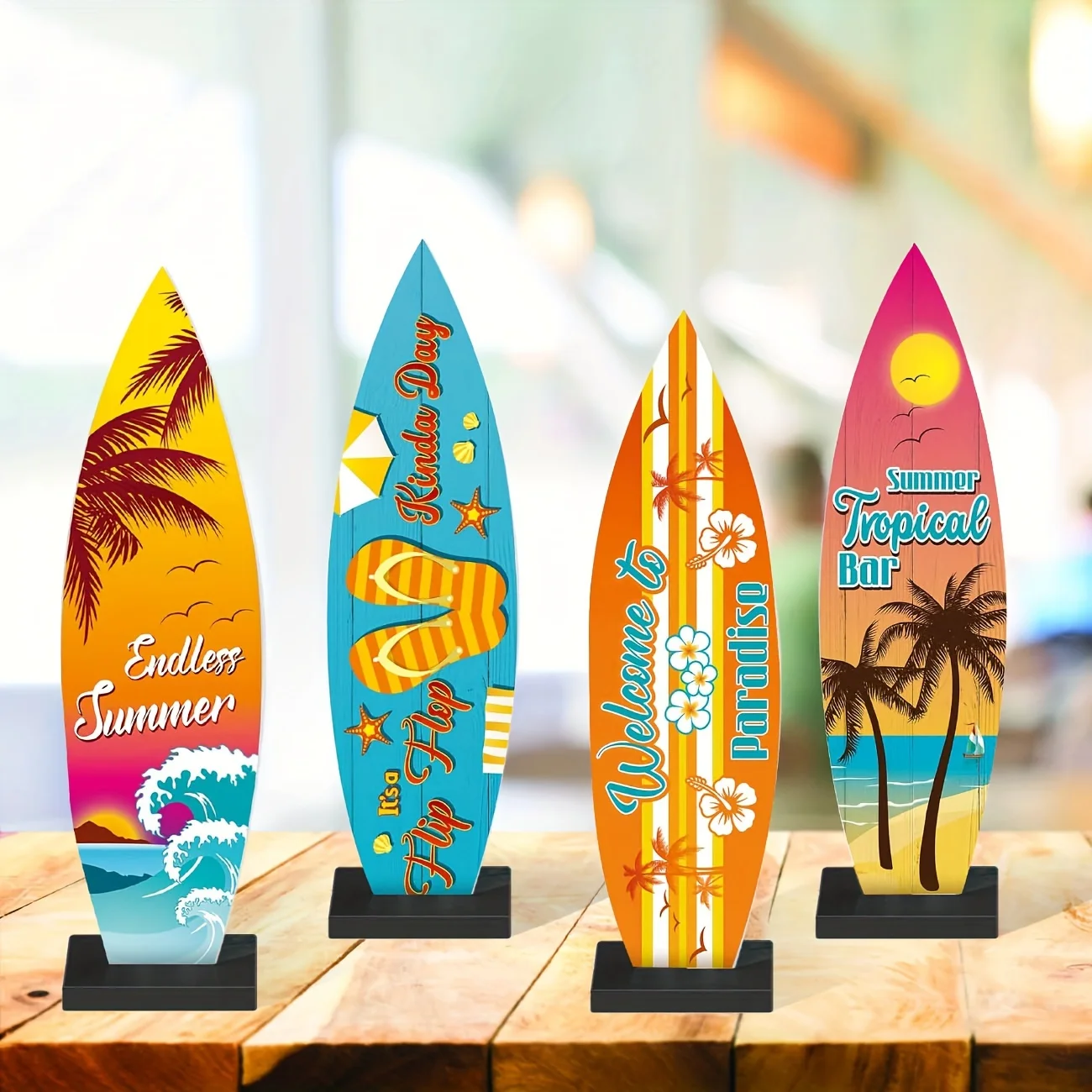 4 Pieces Surfboard Table Decorations Surfboard Beach Signs Welcome to Paradise Sign Tropical Bar Table Toppers Endless Summer