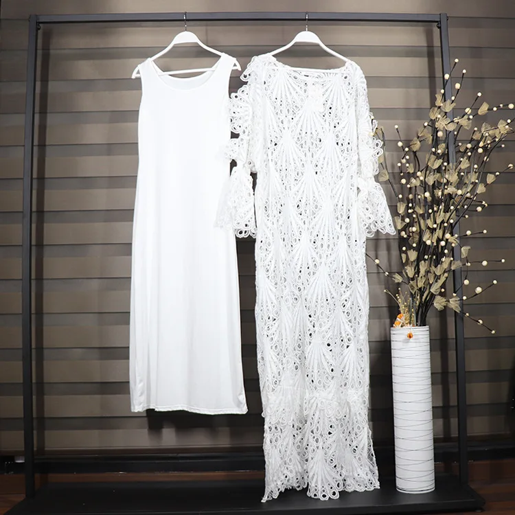 White Lace Two Piece Dress For Women Long Flare Sleeve Sexy Ladies Hollow Oversize Vestidos African Fashion Maxi Party Dresses