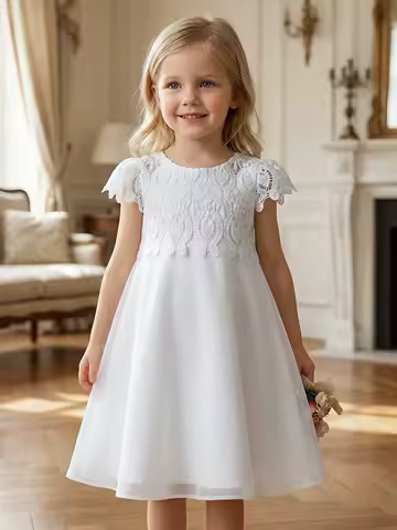 Young Girls Cute and Elegant Princess Dress Little Girl White Silk Crepe Evening Gown with Lace Wedding Flower Peddler Dress