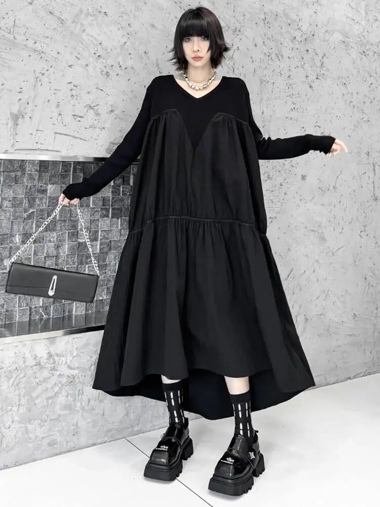 Feminino preto voltar longo irregular tamanho grande tricô vestido novo decote em v manga longa moda maré primavera outono