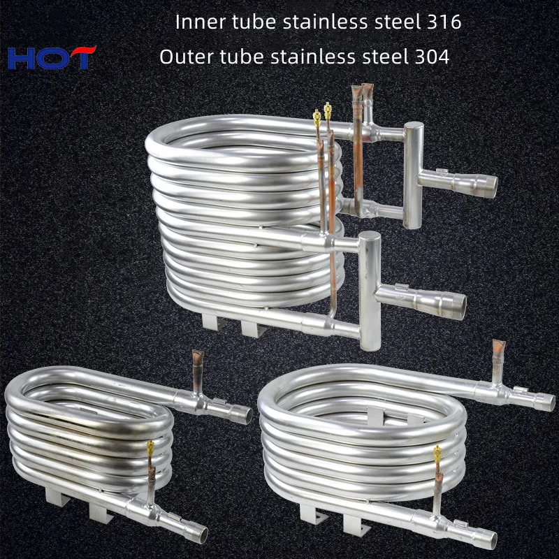 

Stainless steel casing heat exchanger. 316 corrosion resistant air energy water source heat pump heat exchanger. 5HP(18KW).