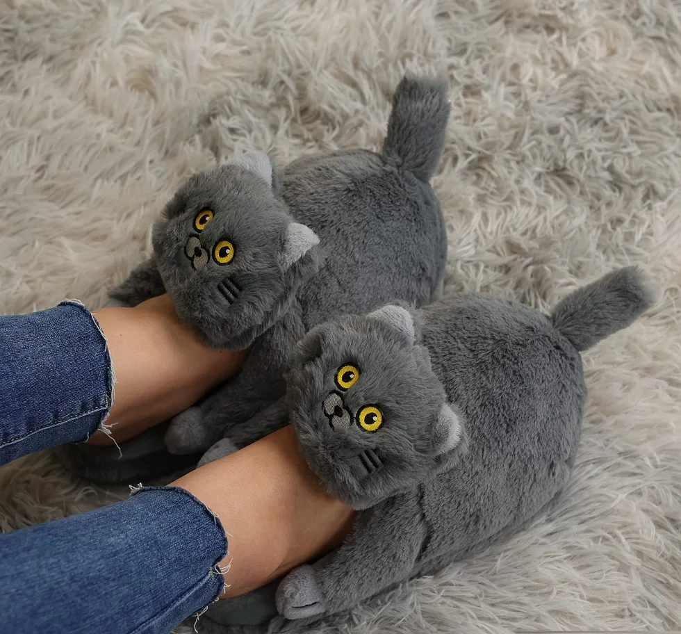 Footsie Cat Slippers Women\'s Winter Warm Shoes Free Shipping Funny Kitty Animal Slides Woman Fluffy Fur Mules Birthday Gift Toys