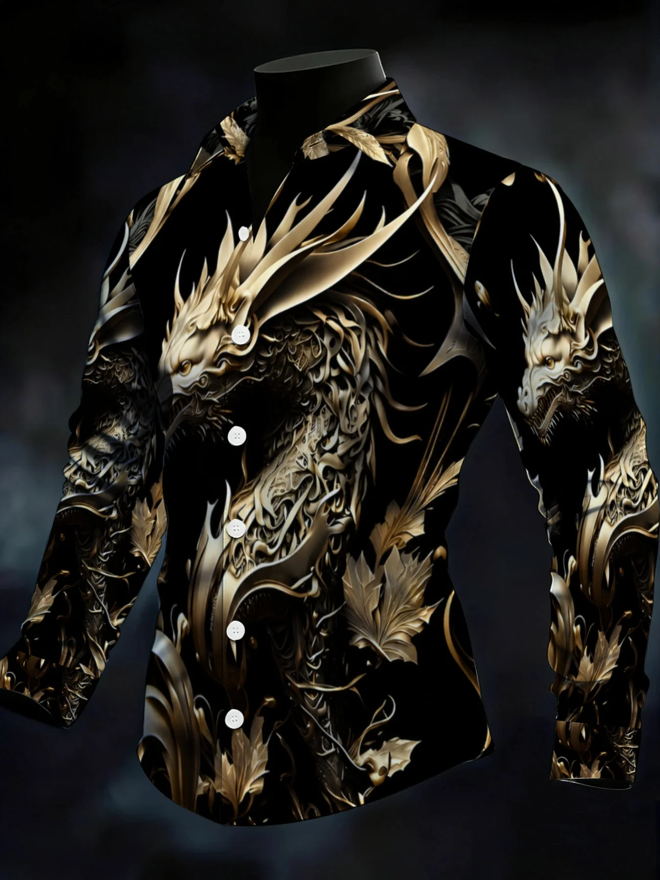 Men Long-Sleeve Button-Down Shirt Black Golden Dragon Maple Leaf Print Polyester Lapel Collar Party Casual Top