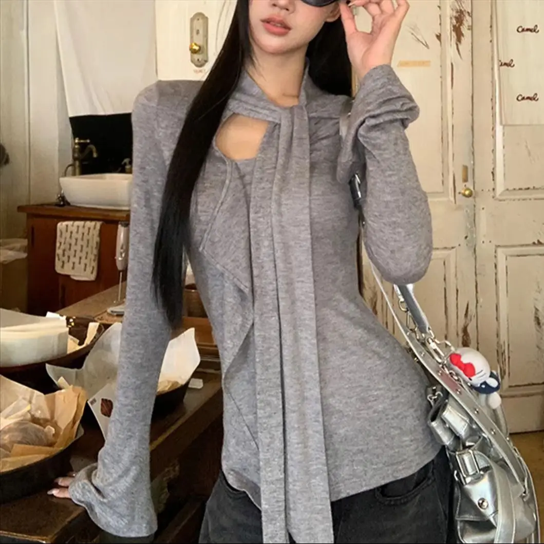 Korean Irregularly Draped Tops Women Gray Long Sleeve Autumn Spring New Shirts Pullover Chic Streetwear Female Fashion T-shirts