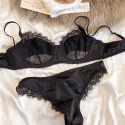 2 Pieces Sexy Ultra Thin Lace Bra Set Women Splicing Color Underwear French Silk Breathable Bras and Panties Intimate Lingerie