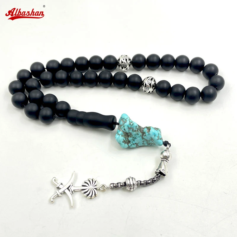 Tasbih black matte natural onyx stone turkish fashion metal prayer bead bracelet tassels Gift