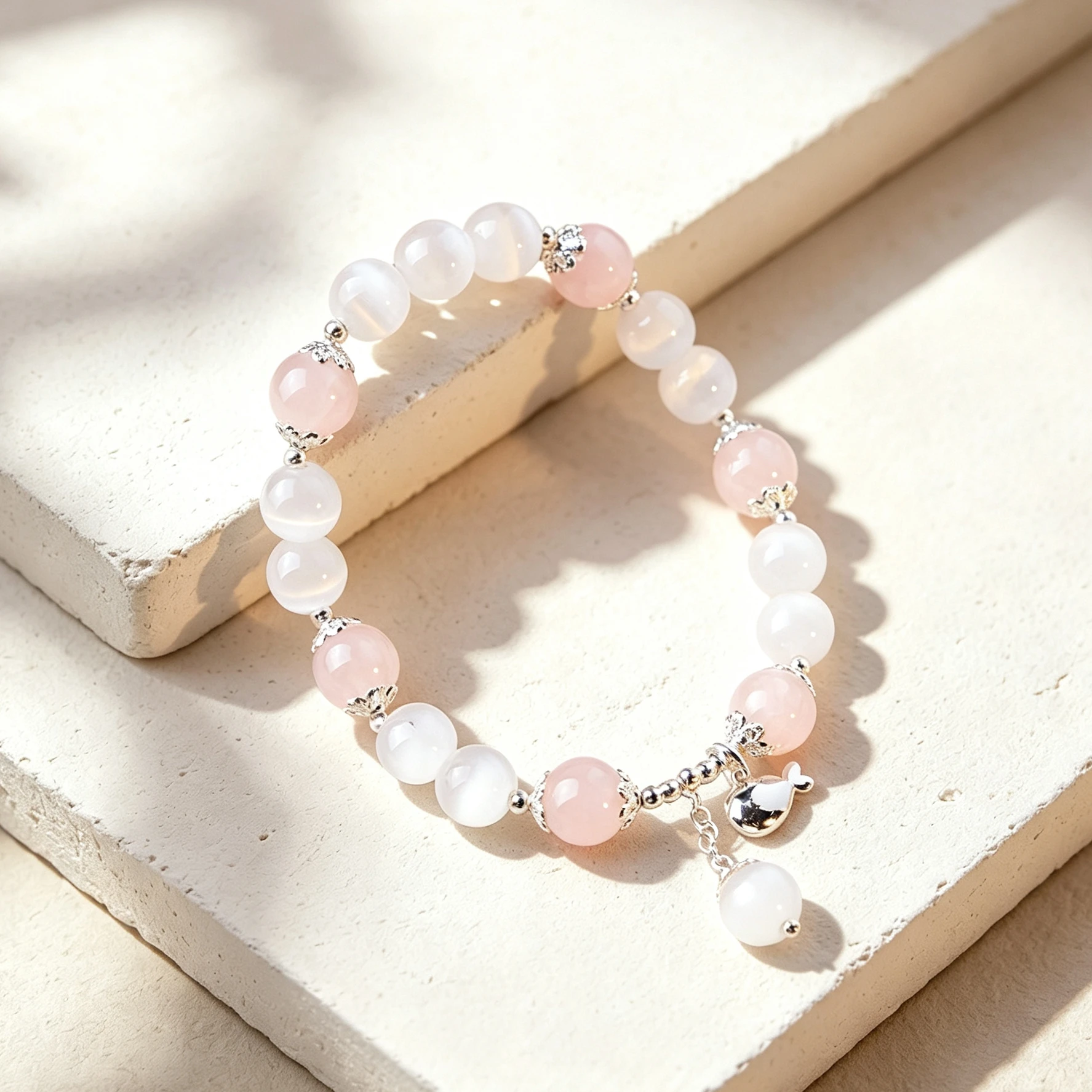 8mm Pink Cat's Eye Stone Crystal Beaded Bracelets for Women Sweet Single Strand Wristband with Silver Fish Charm Fashion Jewelry