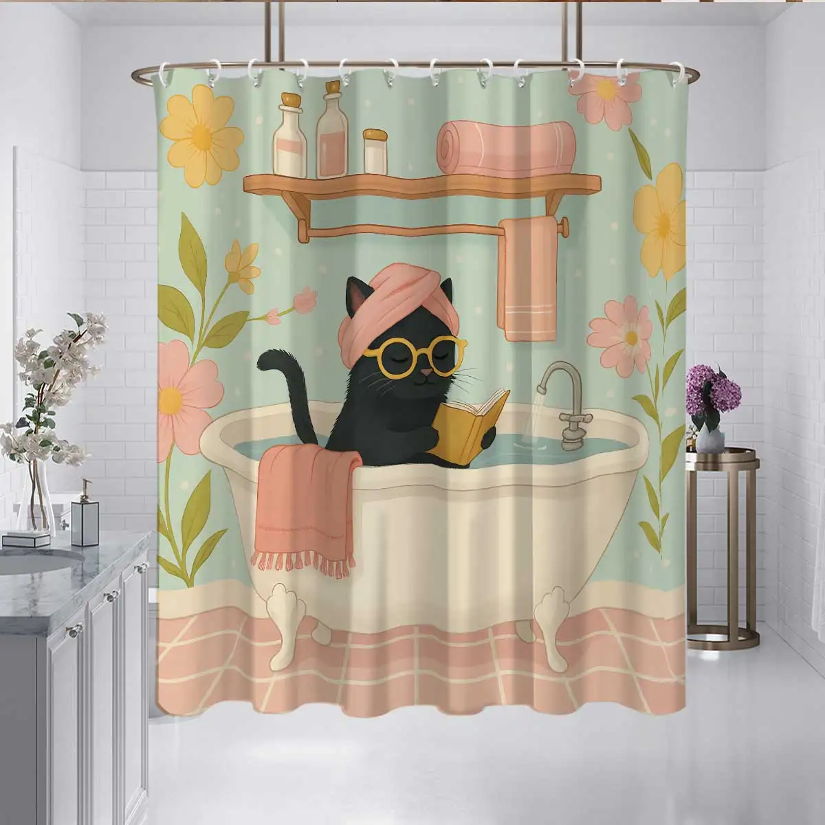 1PC Cute Cat Take Shower Printed Shower Curtain, Funny Style, Waterproof, with 12 Hooks, Bathroom Showers, Home Use