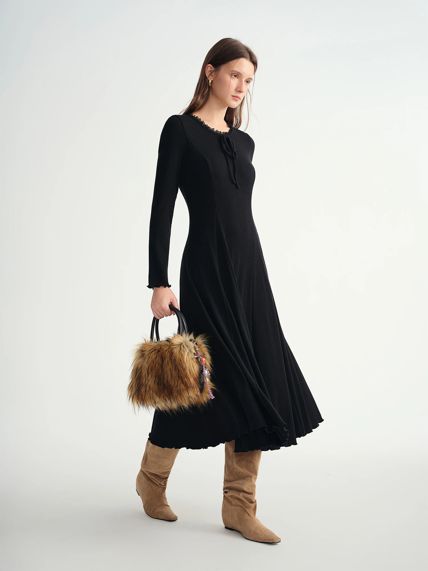 DUSHU Vestido feminino maxi com gola redonda e painel de renda slim fit – Vestido longo bodycon elegante e versátil em camadas para uso diário ​