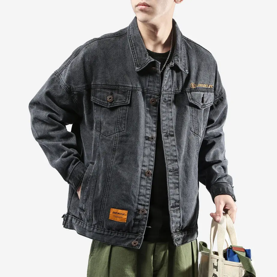 2023 New Streetwear Denim Jacket Men's Black Loose Casual Jeans Coat Clothes Spring Autumn Blouson Techwear