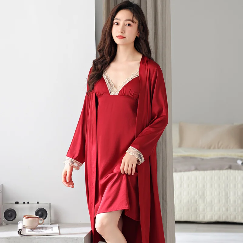 2 Pieces Set Ladies Sexy Robe+Slip Dress Women's Sexy Lingerie Satin Sleepwear With Chest Pad Solid Nightwear Bathrobe