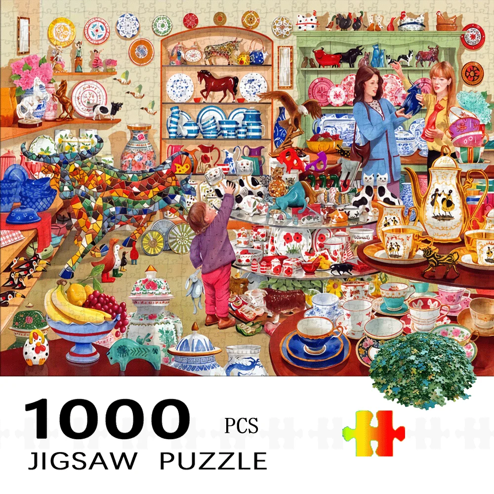 

[1000pcs Porcelain Puzzle] 1000pcs Large Porcelain Puzzle - Vibrant Life Scene, Detailed Shops & People, Challenging Brain Tea