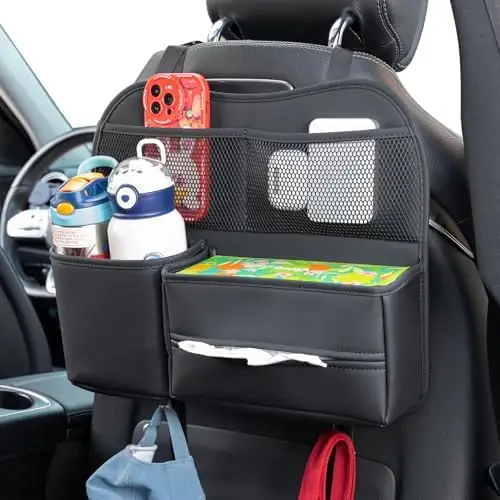 

Кожаный органайзер для автомобильного сиденья с держателями для бутылок, телефона и салфеток - черный