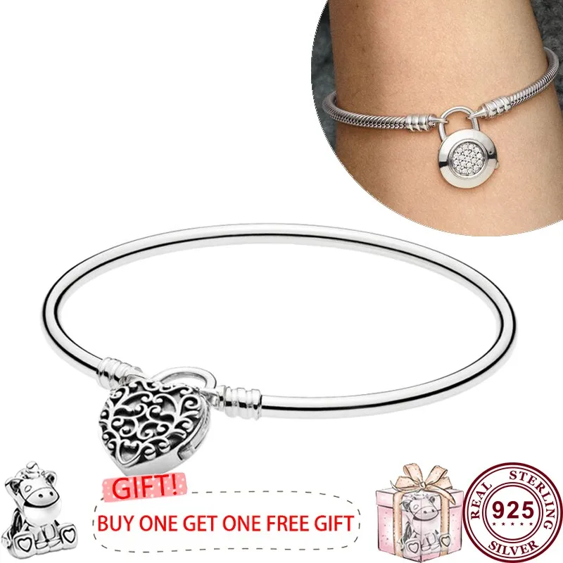 Hot Selling 925 Sterling Silver Shining Love Heart Oath Original Women's Logo Padlock Bracelet Engagement DIY Charm Jewelry