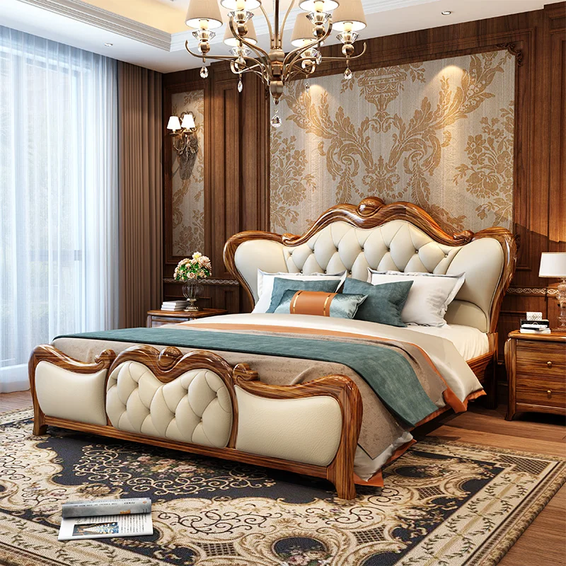 European style genuine leather bed, modern new Chinese style solid wood bed, top layer cowhide villa, bedroom furniture, wedding