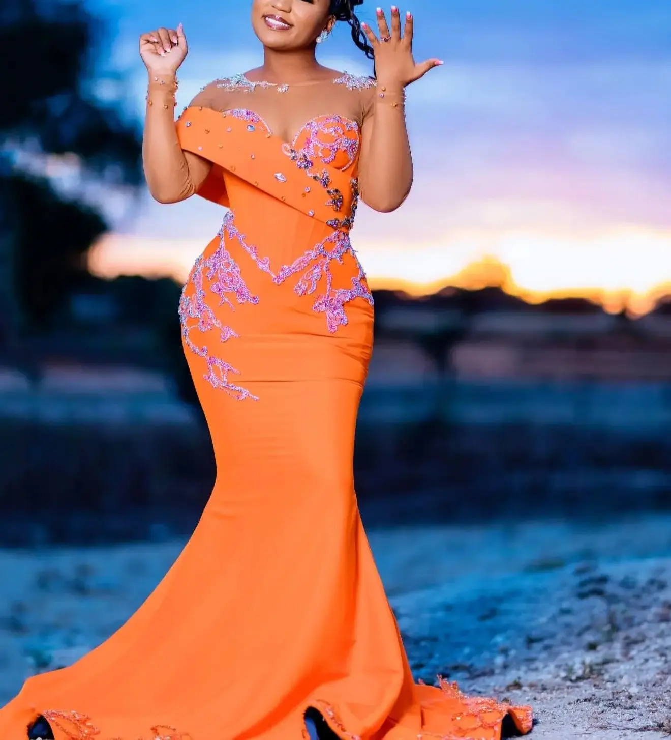 2024 Orange Mermaid Prom Dresses Beaded Lace Satin Evening Formal Party Second Engagement Birthday Gowns Dresses 012