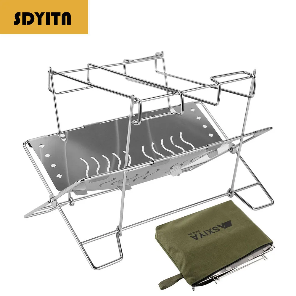 

Stainless Steel Foldable Triangular Fire Pit for Outdoor Camping, Heating, Wood Burning, Water Boiling & BBQ Stand