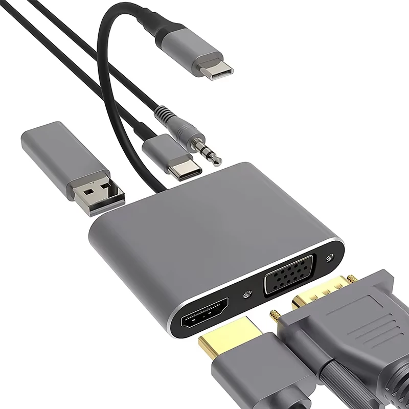 5 in 1 Type C Multiport Docking Station HDMI 4K VGA 3.5mm Audio Jack USB3.0 Data Port PD Fast Charging Adapter for Laptop Tablet