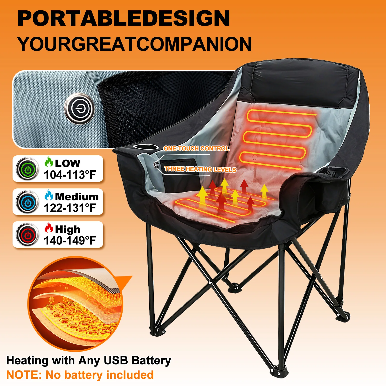 Heated Double Camping Chair Oversized with 3 Temperature Settings,Double Heated Camping Chair Portable Camping Loveseat with 2 Heating Zones Outdoor Sports Heating for Outdoor Lawn Chair (Battery Not Included)