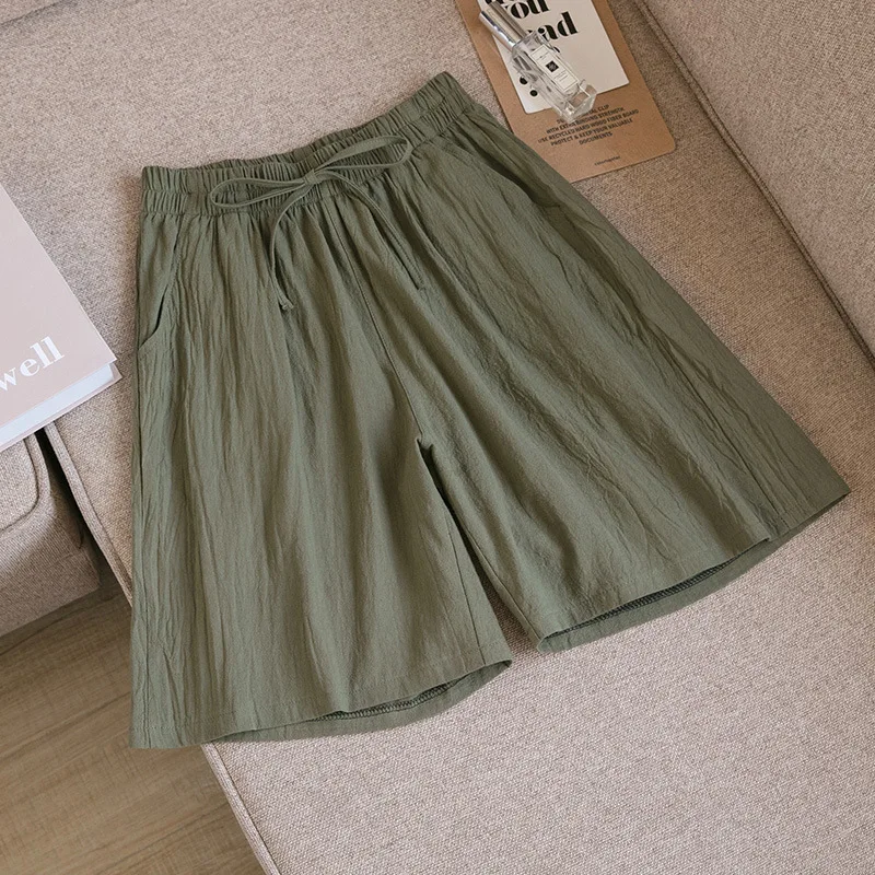 Women's Shorts High Waist Cotton Two Pocket Casual Summer Wear - Army Green
