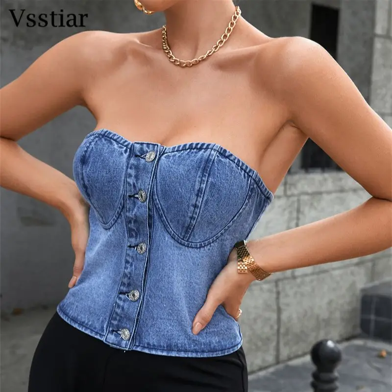 Vsstiar Sexy Strapless Denim Tank Top Off Shoulder Button Corset Summer Fashion Casual Streetwear Bustier Women Tops