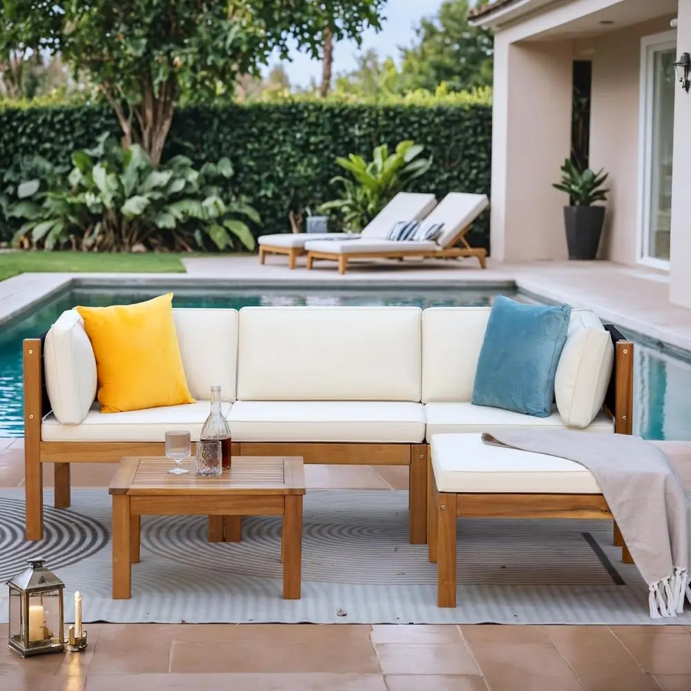 

Комплект из 5 предметов для патио из акации, уличная мебель с чайным столиком для сада, веранды и заднего двора, бежевый