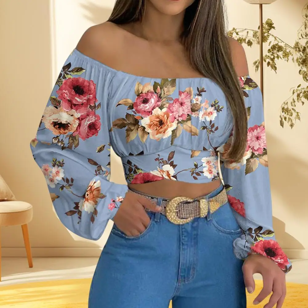 Sexy Off Shoulder Cropped Women Blouses Lantern Sleeve Flower Print Back Lace-up Spring Blouse Loose Fit Tee Shirt Streetwear