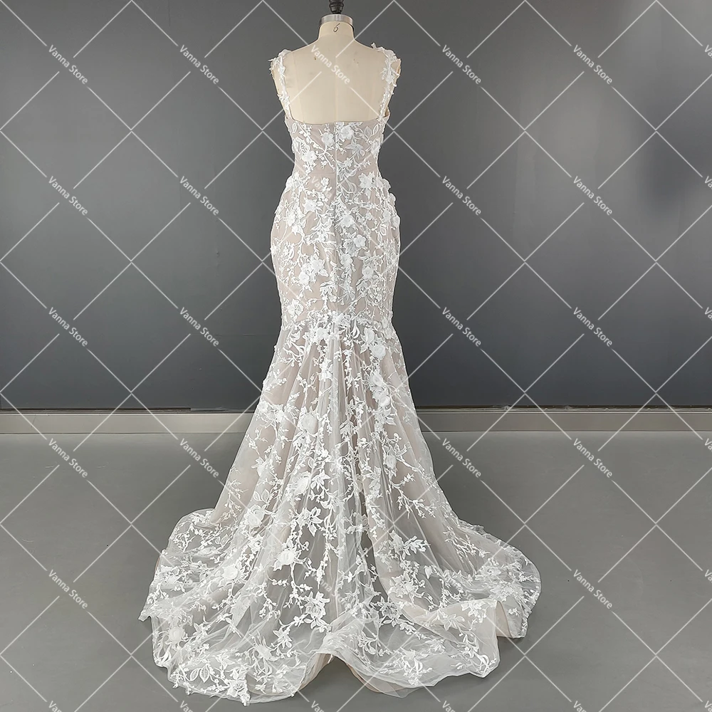 Vestido de novia transparente con apliques 3D de lujo, cuello en V, encaje sin espalda, funda hecha a medida, vestidos de novia florales bordados de talla grande