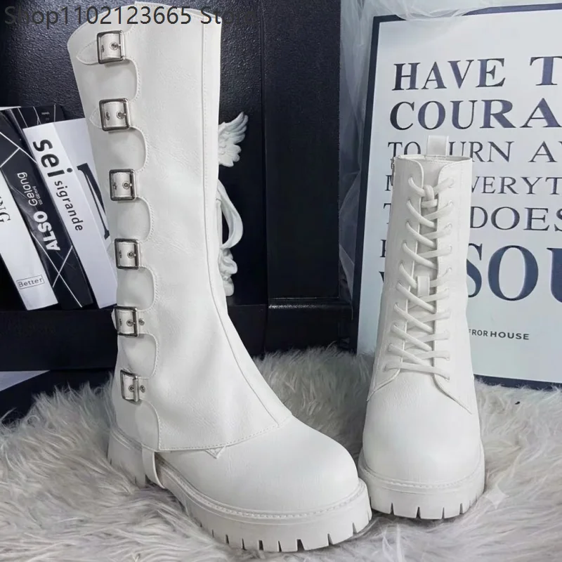White Faux Leather Multi Buckle Boot Covers Gothic Knee High Shoe Spats Punk Cosplay Accessory Halloween Carnival Costume Prop