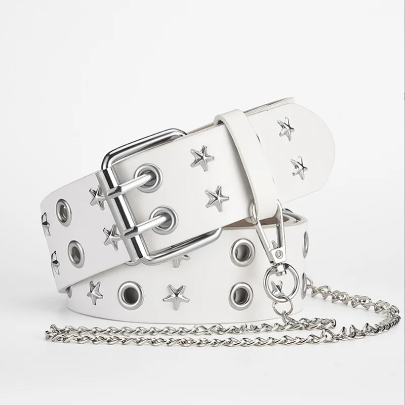 New Star With Chain Eye Rivet Belt Goth Style Double Pin Buckle Man/woman Punk Style Pu Leather Waistband for Jeans Y2K Belt