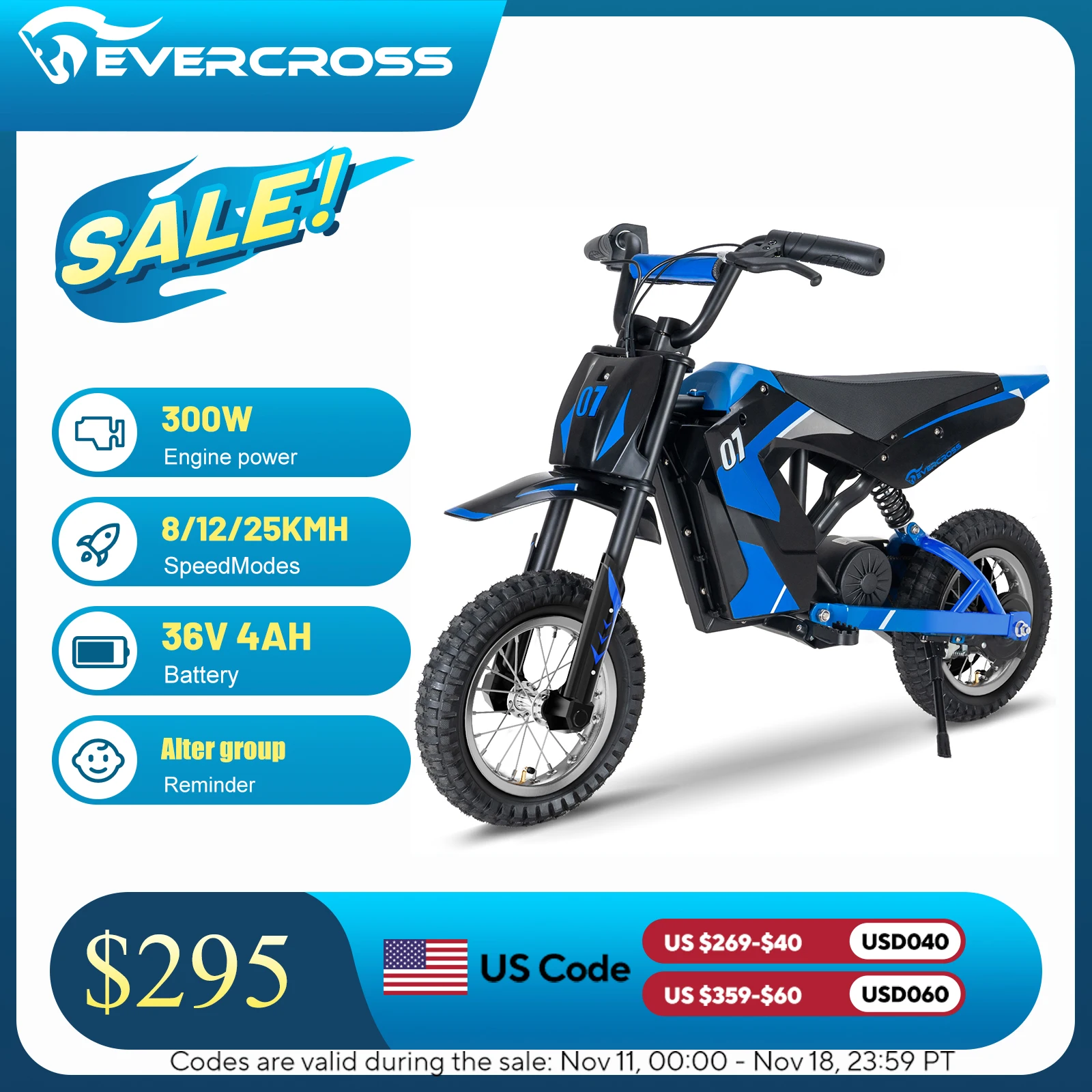 EVERCROSS EV12M Electric Dirt Bike,300W Electric Motorcycle,15.5MPH & 9.3 Miles Long-Range,3-Speed Modes Motorcycle