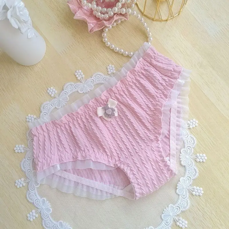 Women Lace Cotton Underwear Ruffle Princess Style Cute Lovely Sweety Female Panties High Stretch Stripes Breathable Breifs