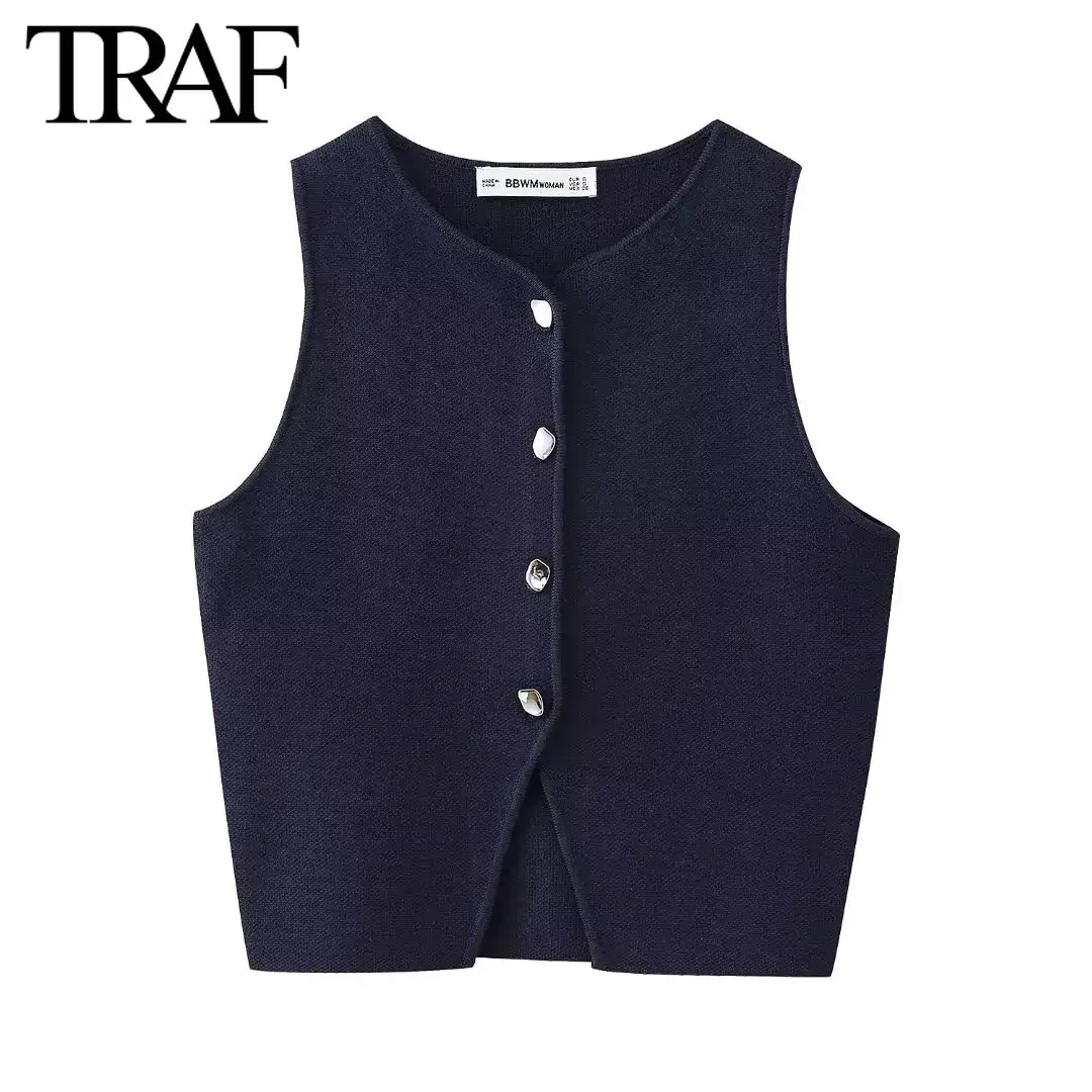 TRAF Women Fashion Summer New Solid Sleeveless Single Breasted Cardigan Round Neck Knitted Sweater Vest Sweet Chic Ladies Tops