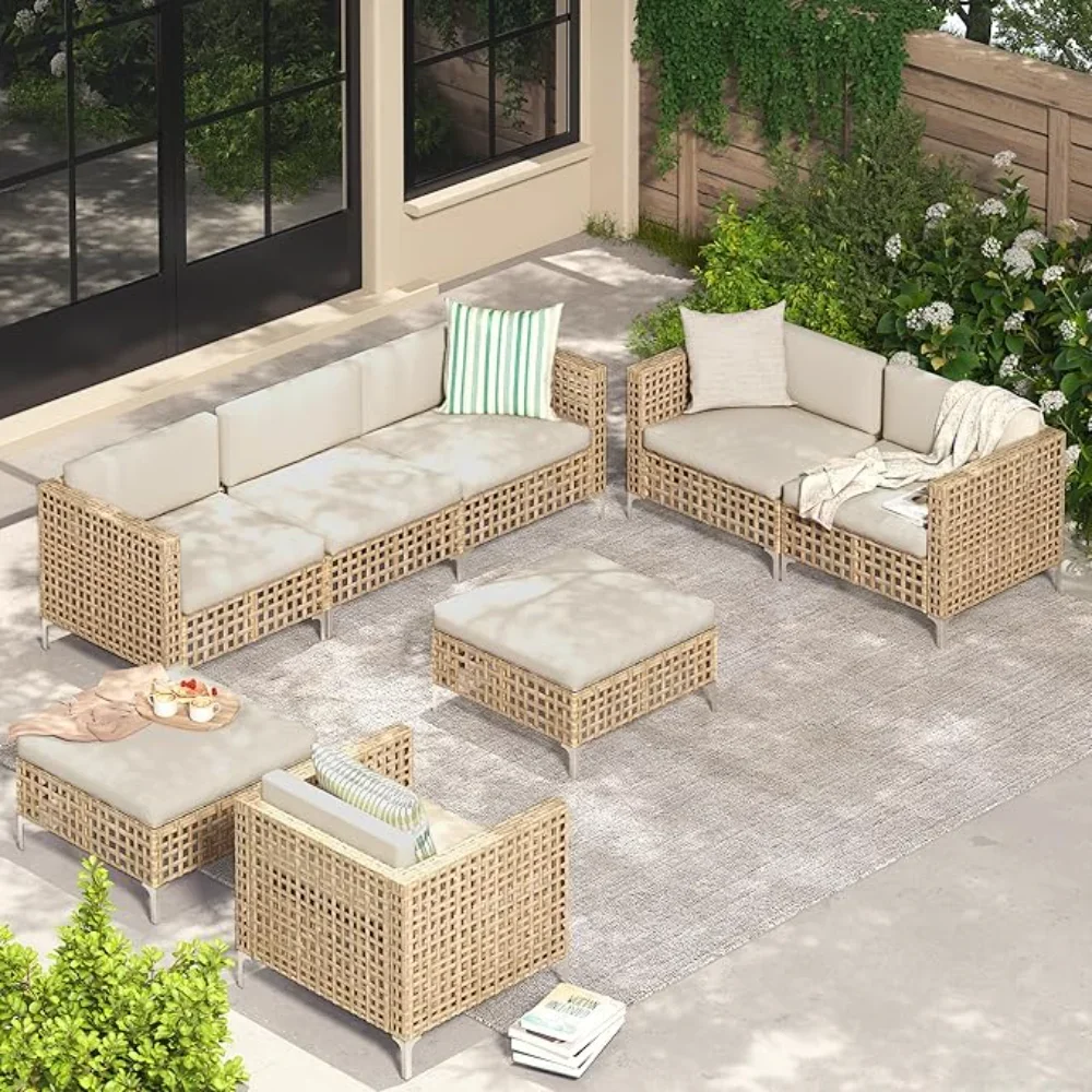 

8 Pieces Outdoor Patio Furniture Set, Wicker Boho Outdoor Sofa Set, Patio Conversation Sofa Sectional Furniture