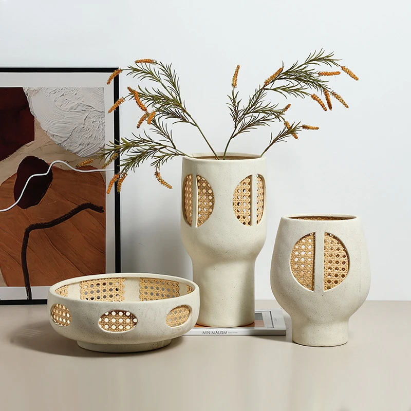 Modern Wabi Sabi Imitation Rattan Weave Ceramic Vase Art Flower Villa Club Living Room Entryway High End Home Decor Ornament