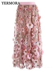 YERMORA High Elastic Waist Embroidery Flower Lacked Elegant Half Body Skirt For Women Fashion Tide Spring Summer 2025 New A398