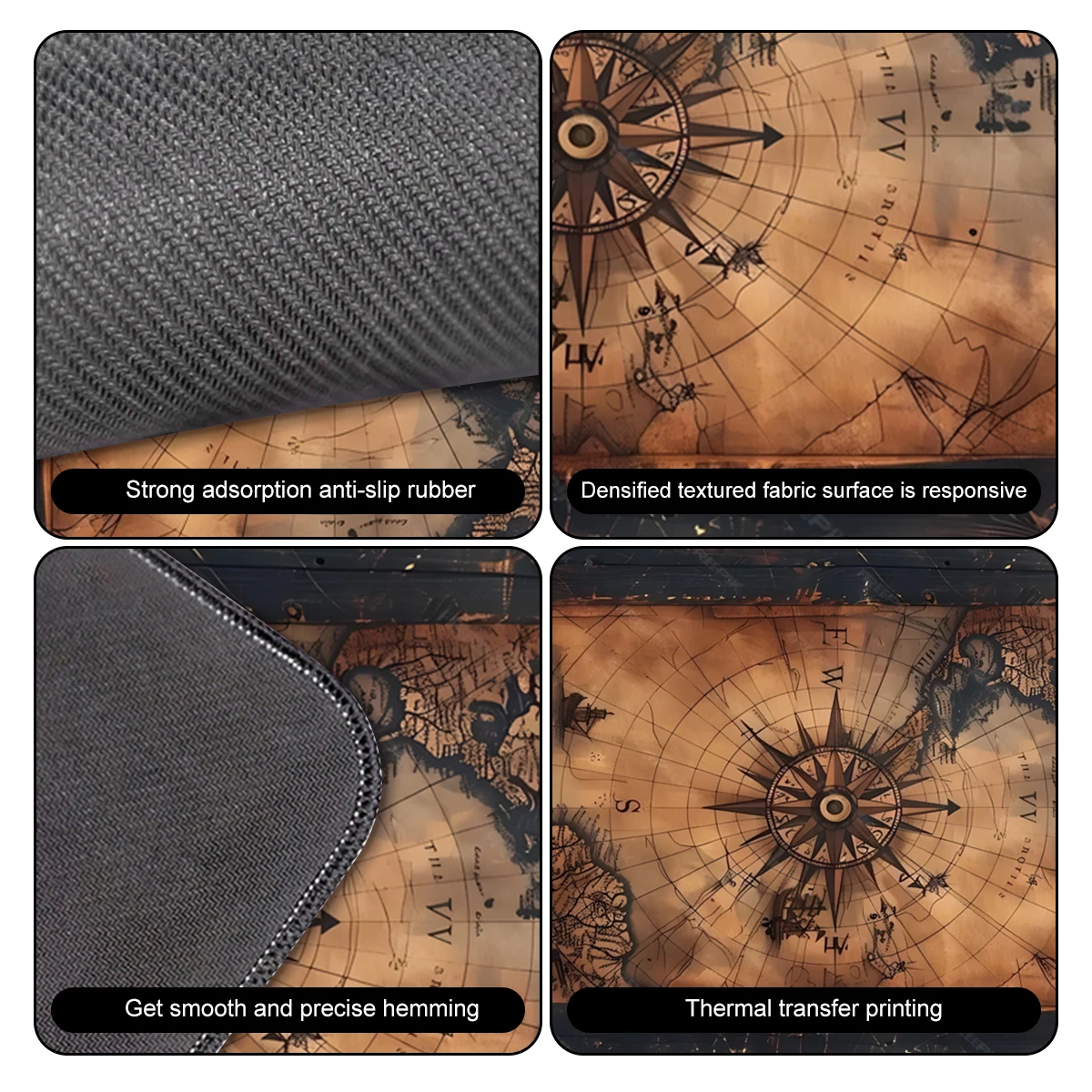 لوحة ماوس بوصلة خريطة عتيقة - غير قابلة للانزلاق، قابلة للغسل بحافة مخيطة معززة، سجادة مكتب كمبيوتر متعددة الحجم للمكتب والمنزل