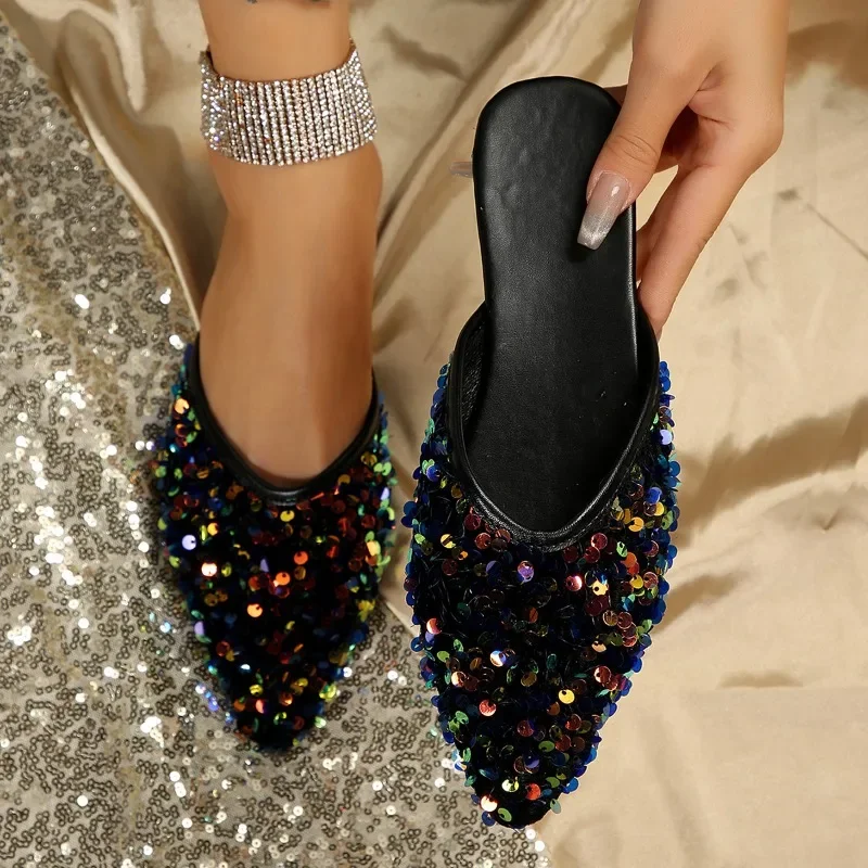 Shoes for Women 2024 New Sparkling Rhinestones Women\'s Slippers Fashion Outer Wear Closed Toe Slippers Comfortabl Low Heel Mules