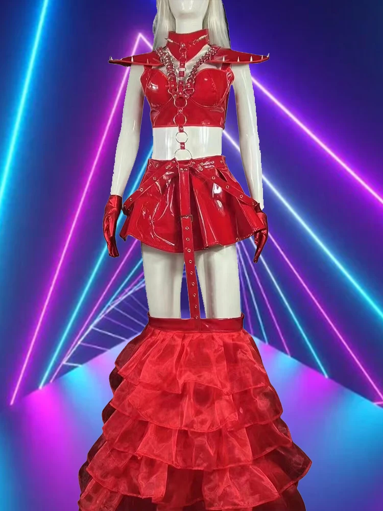 Drag Queen Rave Outfit Red Pu Leader Laser Bodysuit Bar Rivet Stacked skirt hem Nightclub Line Gogo Stage Wear