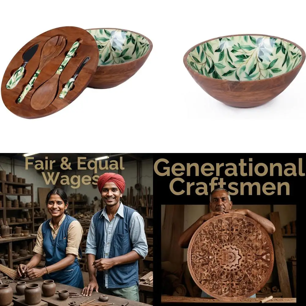 

Handcrafted Acacia Wood Salad Bowl with Herringbone Lid and Tongs, 12x12x4.75, Designed in USA, Made in India