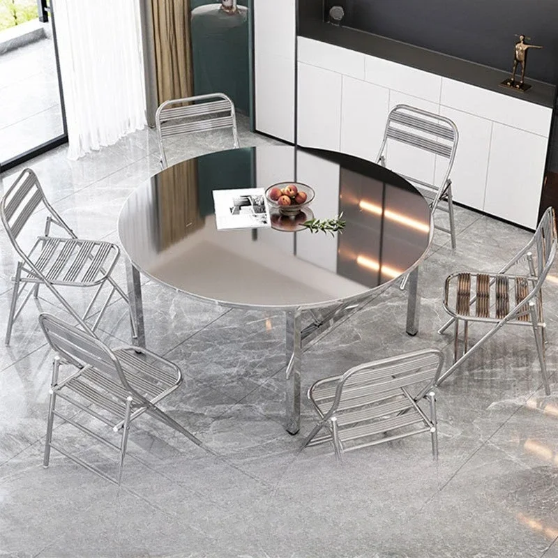 Modern Folding Stainless Steel Dining Table and Chairs Outdoor Convenient Round Table with Turntable Multi-Functional