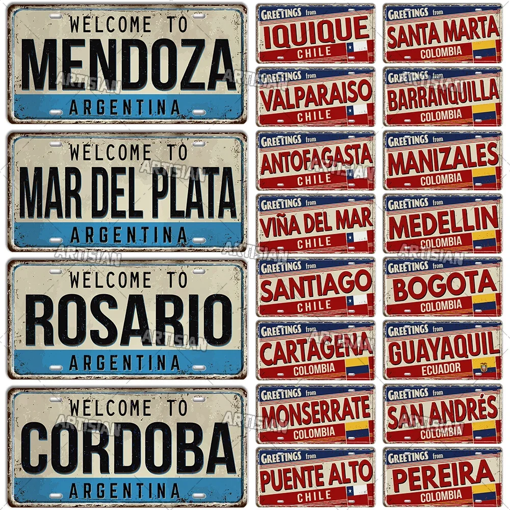 Artisian Argentina ecuador Chile Colombia License Plate Landmark Metal Sign City State Decorative Car Plate Wall Decor Garage