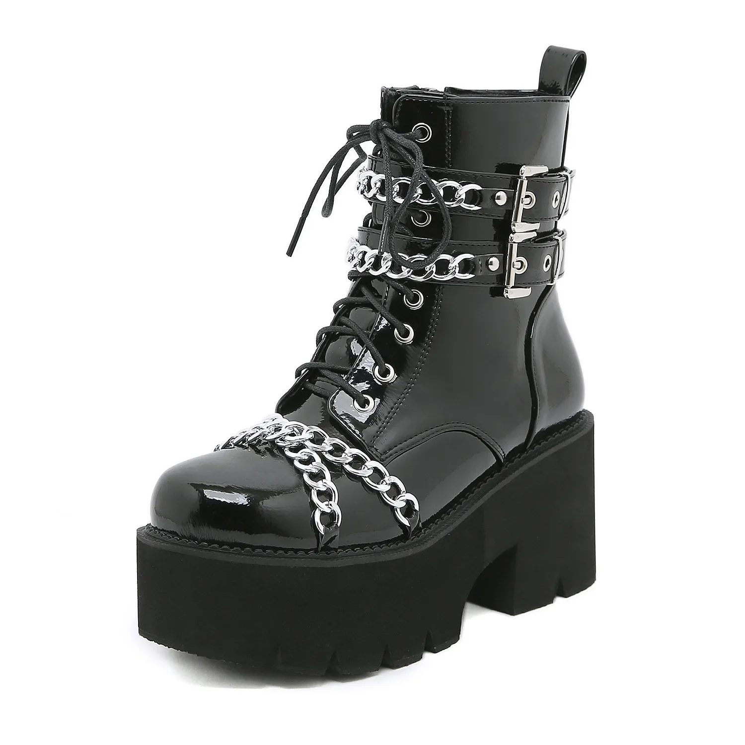 2024 Nieuwe Vrouwen Dikke Zolen Leren Laarzen Punk Gothic Stijl Korte Motorlaarzen Casual Platform Schoenen Vrouwen Enkellaarzen