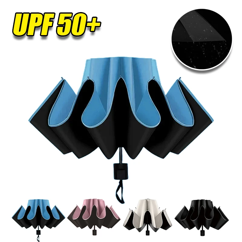 Guarda-chuva Compacto Invertido com Proteção UV e Faixa Refletiva, Guarda-chuva Portátil para Viagem
