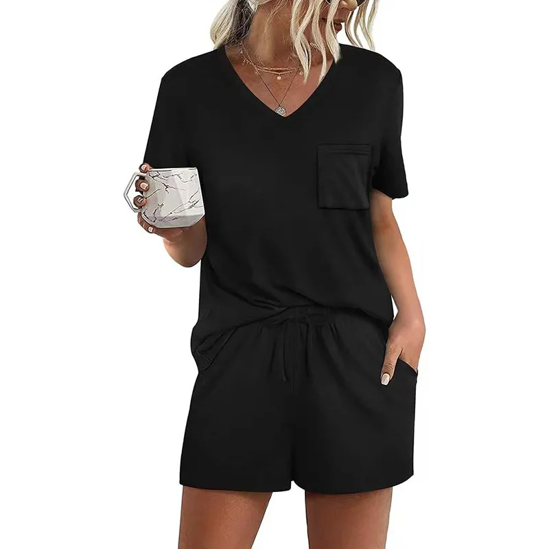 Lady's Loungewear V Neck Pullover Short Sleeve Pajamas Sets Continental Summer Modal Solid Color Casual Homewear 2pcs Suits