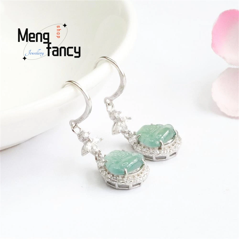 S925 Silver Lnlaid Natural Exquisite Elegant Simple High-grade Jadeite Ice Blue Water Buddha Ear Hook Studs Fashion Fine Jewelry