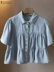 Korean Fashion Solf Denim Shirt ZANZEA Summer Women Lapel Neck Short Sleeve Blouse Casual Solid Ruffles Tops Holiday Party Blusa