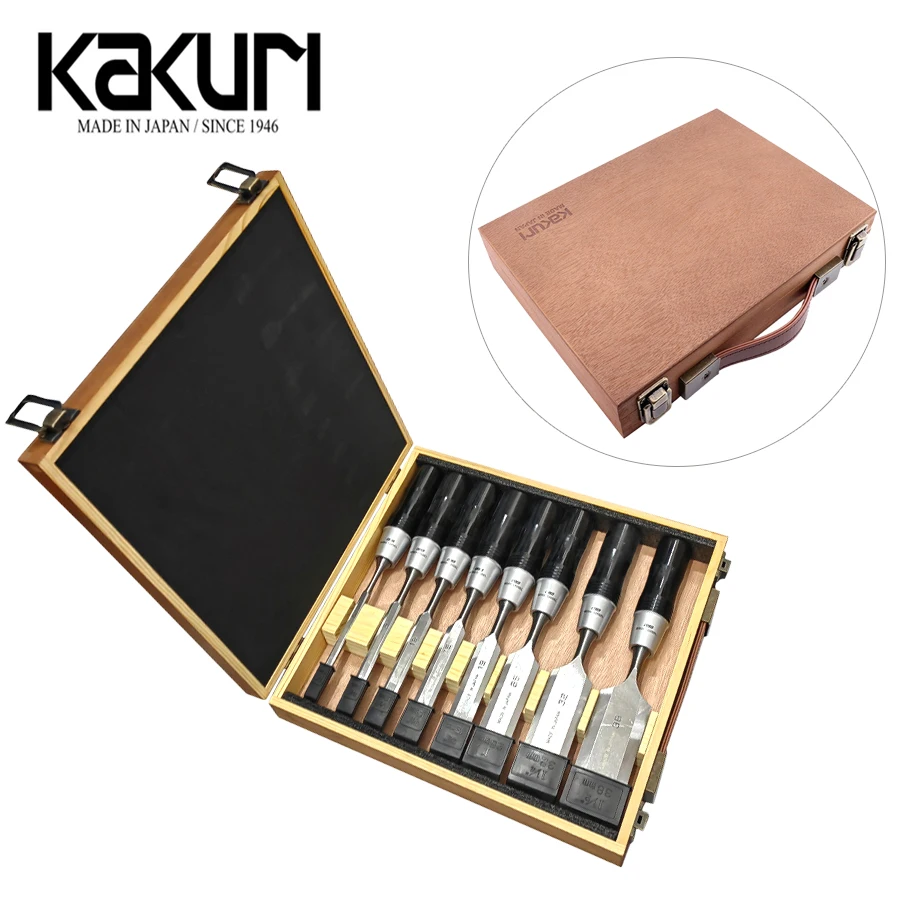 KAKURI SNP-8S 8Pcs Wooden Chisel Set with Wooden Box for Woodworking Processing Engraving Blade Carving Carpentry Flat Chisel